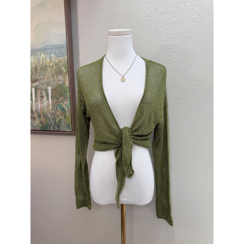 Metallic Olive Green Tie Front Knit Cardigan  NWOT